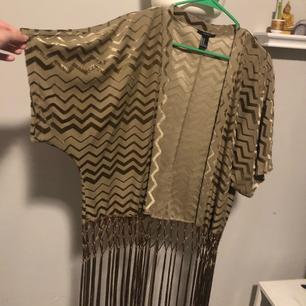 Gold fringed velvet kimono
